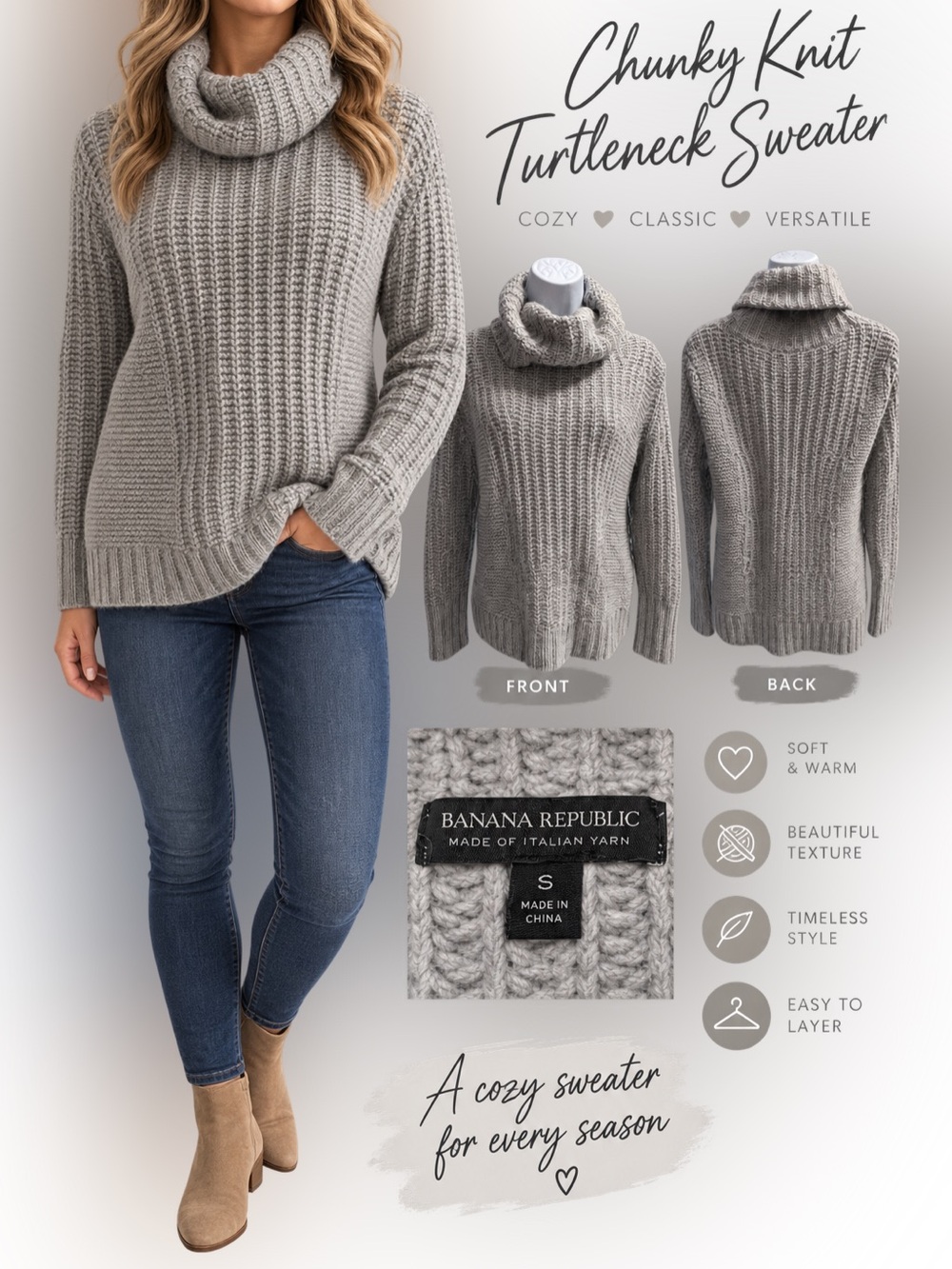 Banana Republic Light Gray Cable Turtleneck Sweater